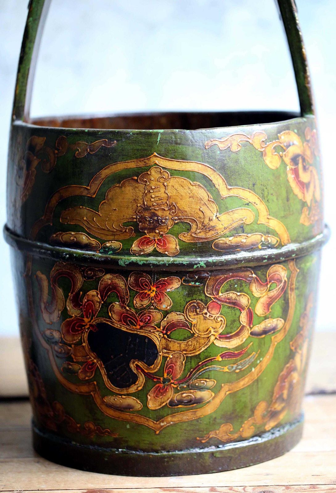 Large Antique Chinese Bucket Green Painted Folk Art Hand Carved Wooden Pail photo vintage