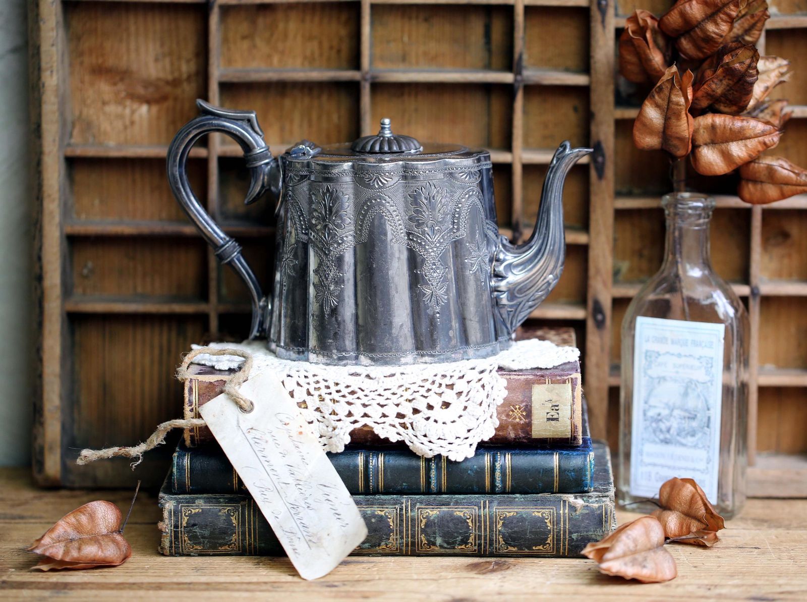 Small Antique Aesthetic Era Teapot Engraved Ornate Silver Plate Tea Pot Aesthetic Movement photo furniture