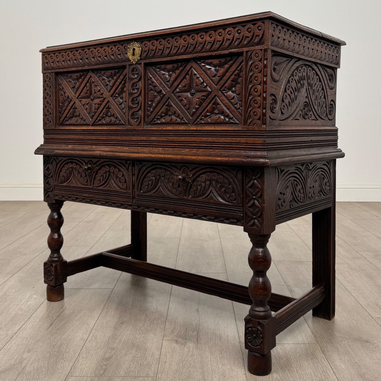 Antique 19th Century Carved Victorian Chest On Stand In Oak ( Af 5799 ) photo furniture