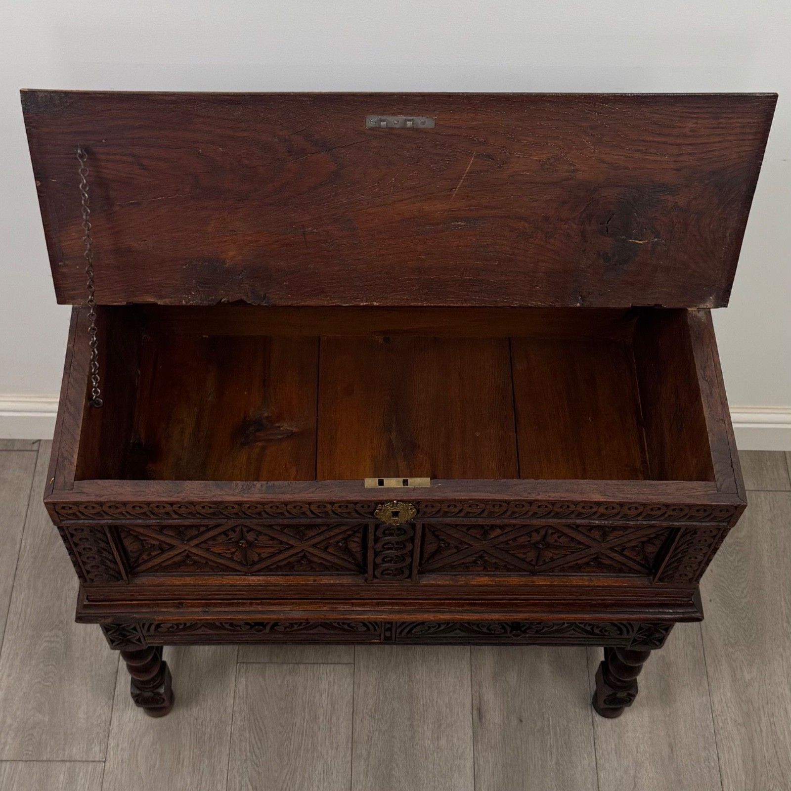 photo for sale Antique 19th Century Carved Victorian Chest On Stand In Oak ( Af 5799 )