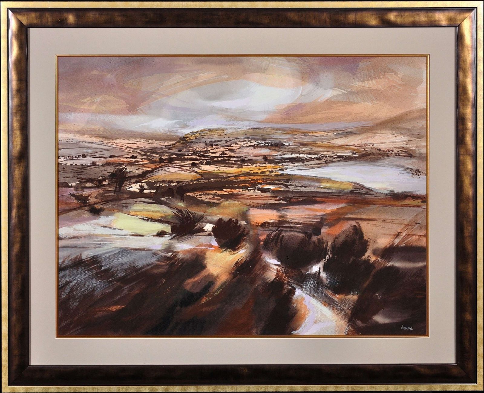 Ronald Lowe 1932 tot 1985. Ingelijst aquarel met zwevendlandschap boven de Yorkshire Dales. Mid-century modern Brits kunstwerk.
