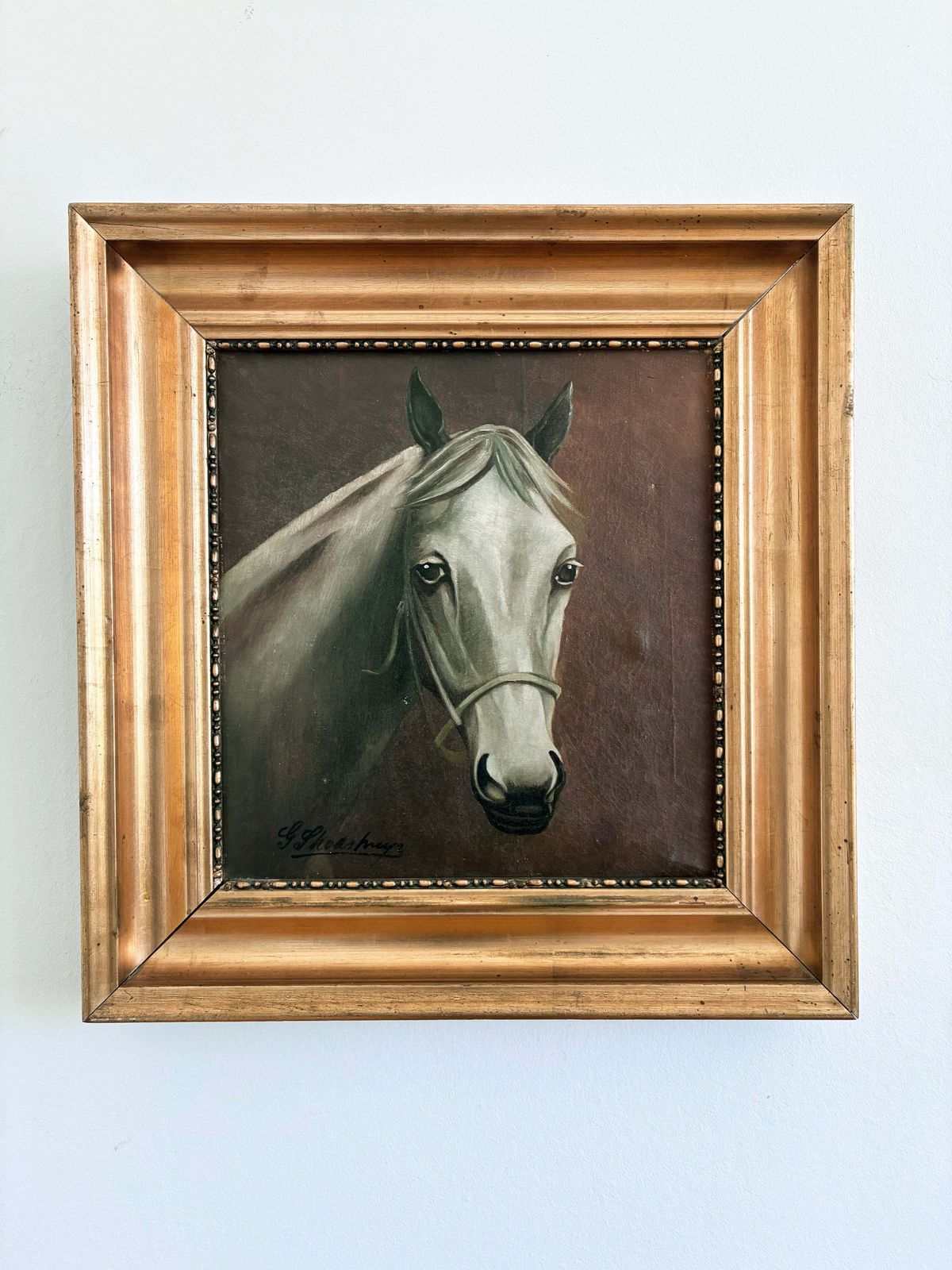 Vintage Original White Horse Oil Painting, Signed Equestrian Portrait