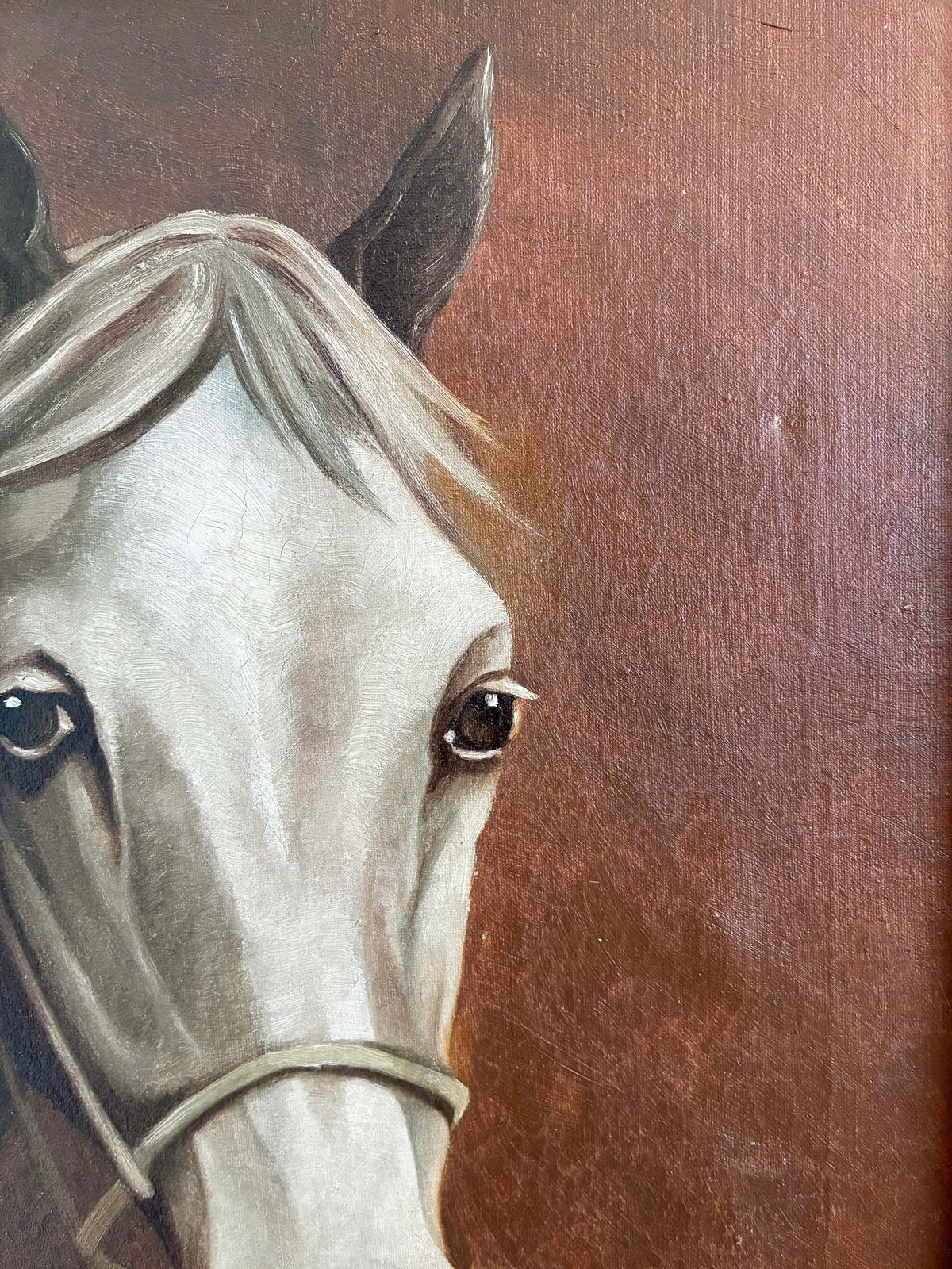 photo buy Vintage Original White Horse Oil Painting, Signed Equestrian Portrait