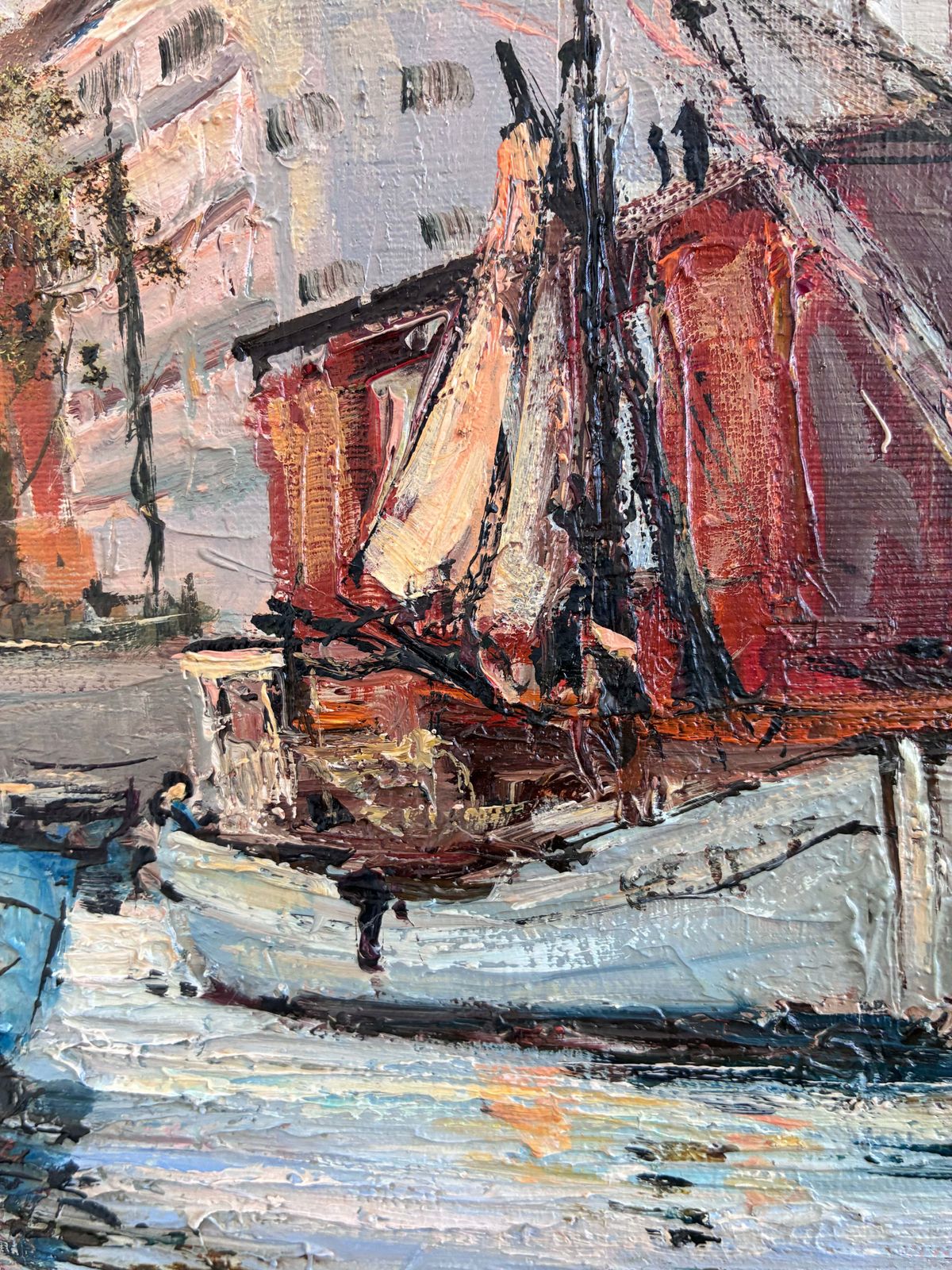 Vintage Original Oil Painting Of A Canal Cityscape, Circa 1970s photo vintage
