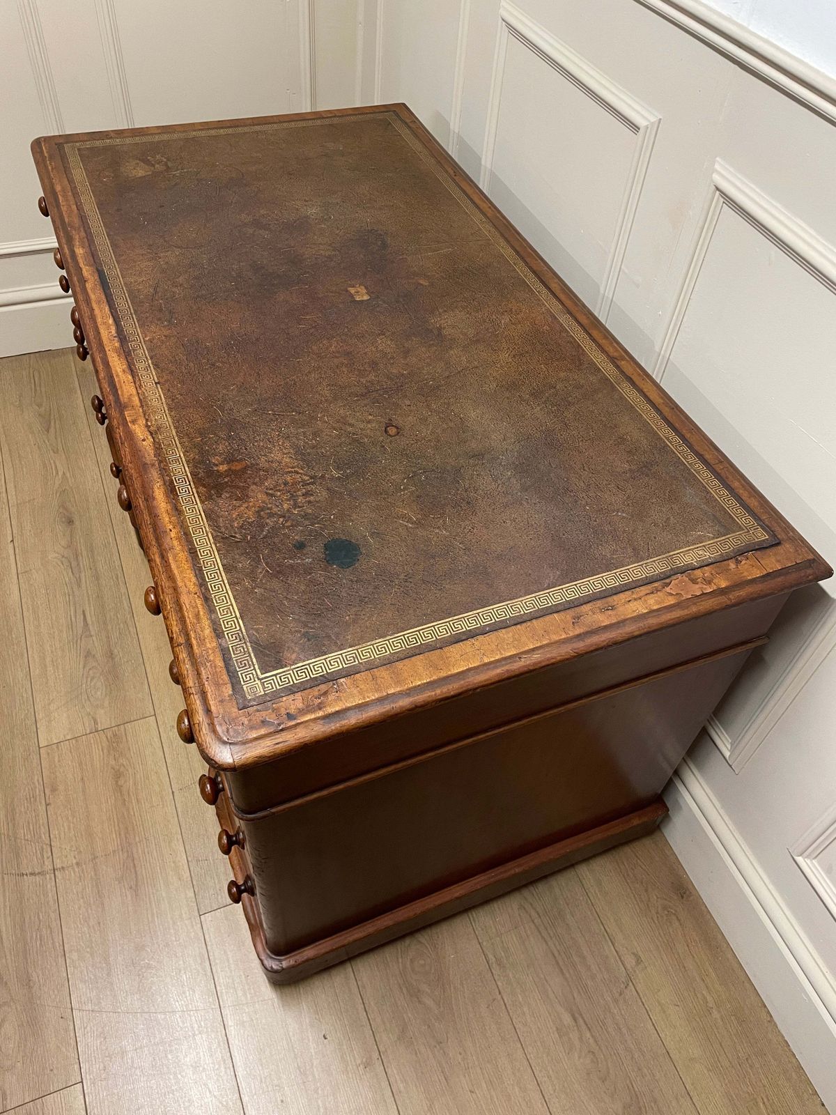 Antique Mahogany Victorian Pedestal Desk With Original Leather Top photo vinterior