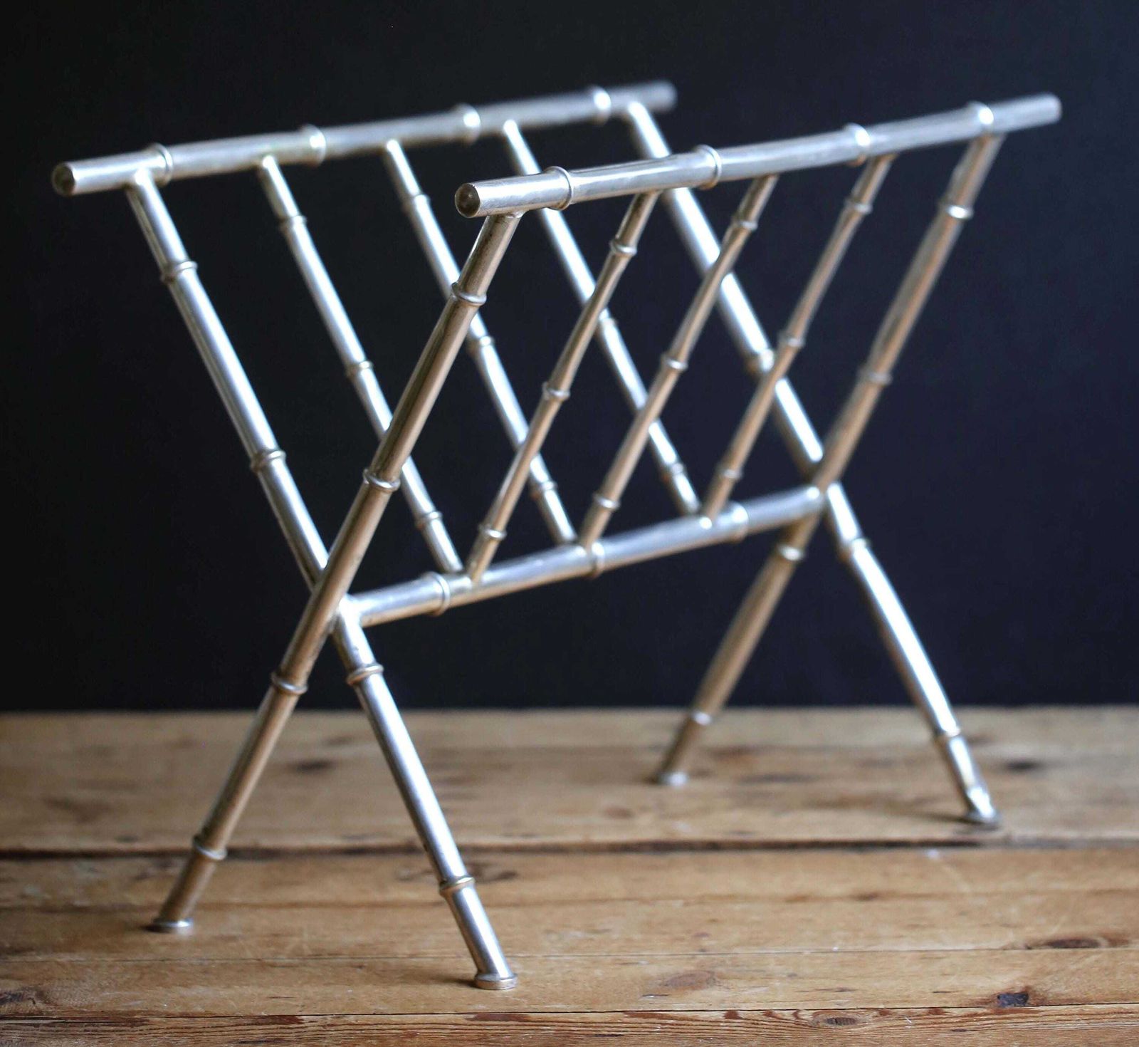 Faux Bamboo Magazine Rack Vintage Mid Century Newspaper Stand In Silver Metal Jacques Adnet Style