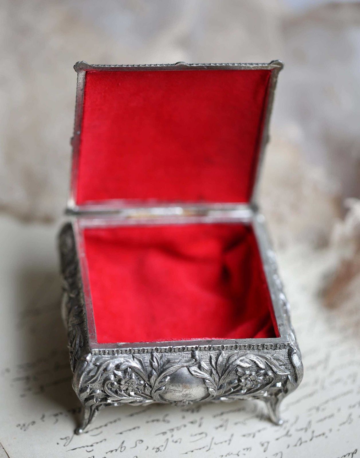 Antique French Trinket Case Jewelry Box Filigree Presentation Case Wedding Square Engagement Ring Holder photo 60.0