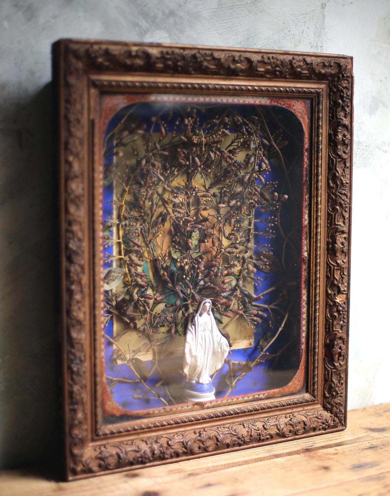 Antique French Framed Madonna Porcelain Virgin Mary Statue In A Glass Case Reliquary Display Box photo Home Decor