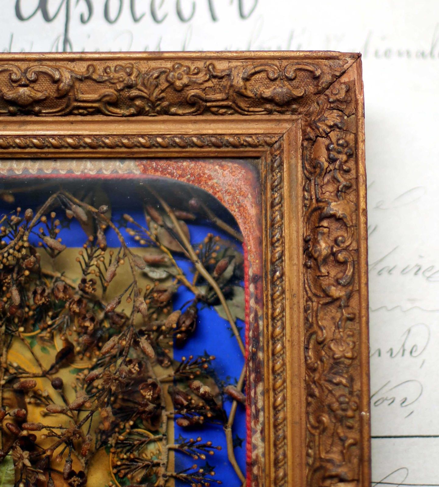 Antique French Framed Madonna Porcelain Virgin Mary Statue In A Glass Case Reliquary Display Box photo vintage