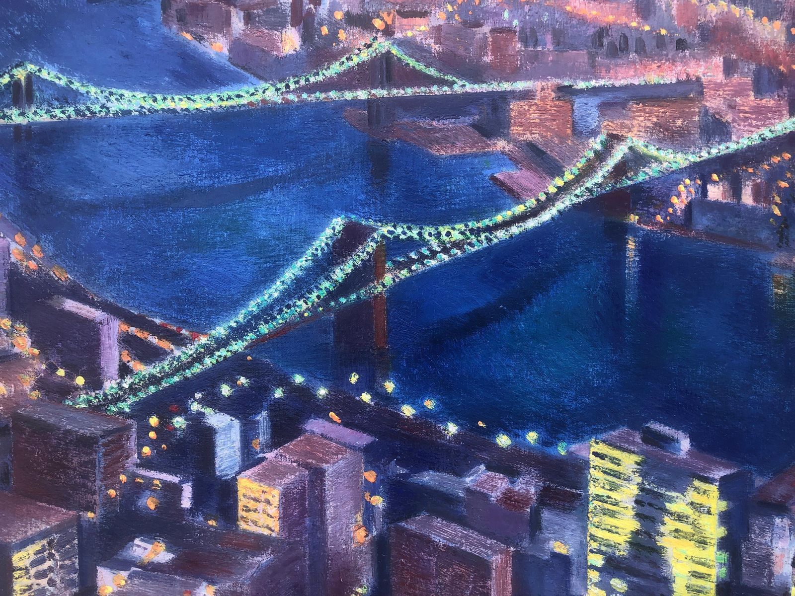 Guillem Villà Bassols – Nachtelijk silhouet van New York met verlichte bruggen – postimpressionistisch olieverfschilderij op doek, 1981 photo buy