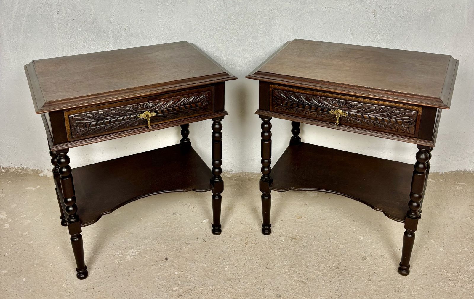 Pair Of Spanish Bedside Tables With Carved Drawers, 1930s photo for sale