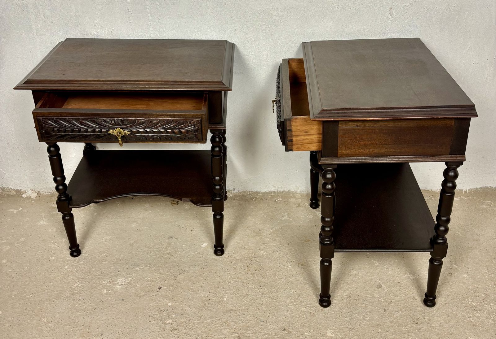 Pair Of Spanish Bedside Tables With Carved Drawers, 1930s photo vinterior