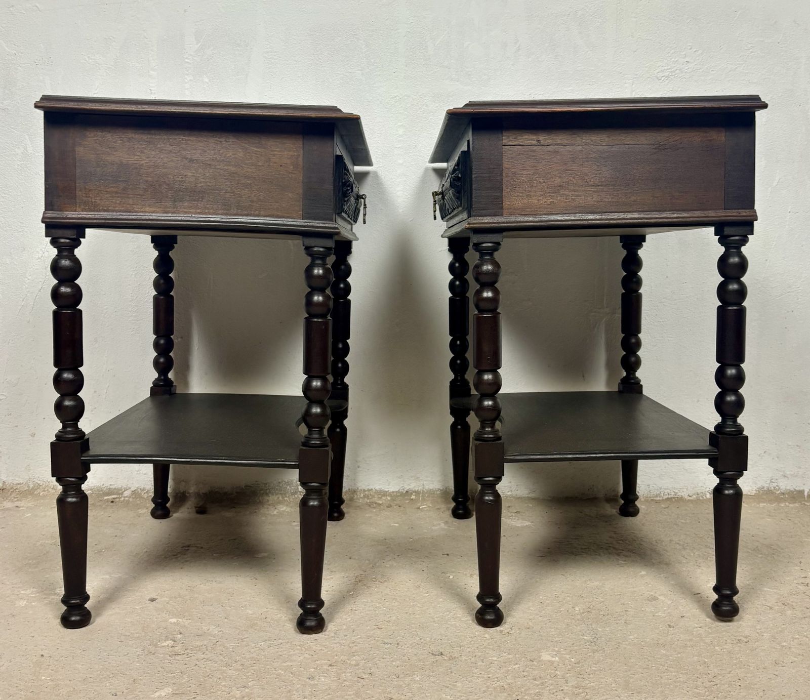 Furniture Pair Of Spanish Bedside Tables With Carved Drawers, 1930s photo