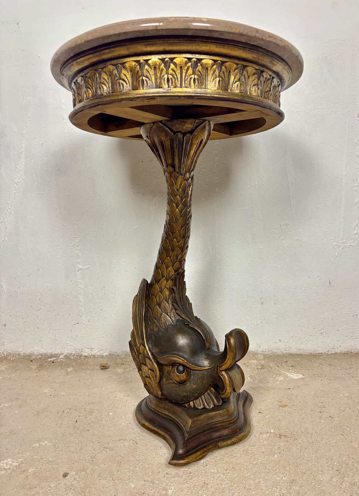 Antique Polychromed Pedestal Side Table With Marble Top photo vintage