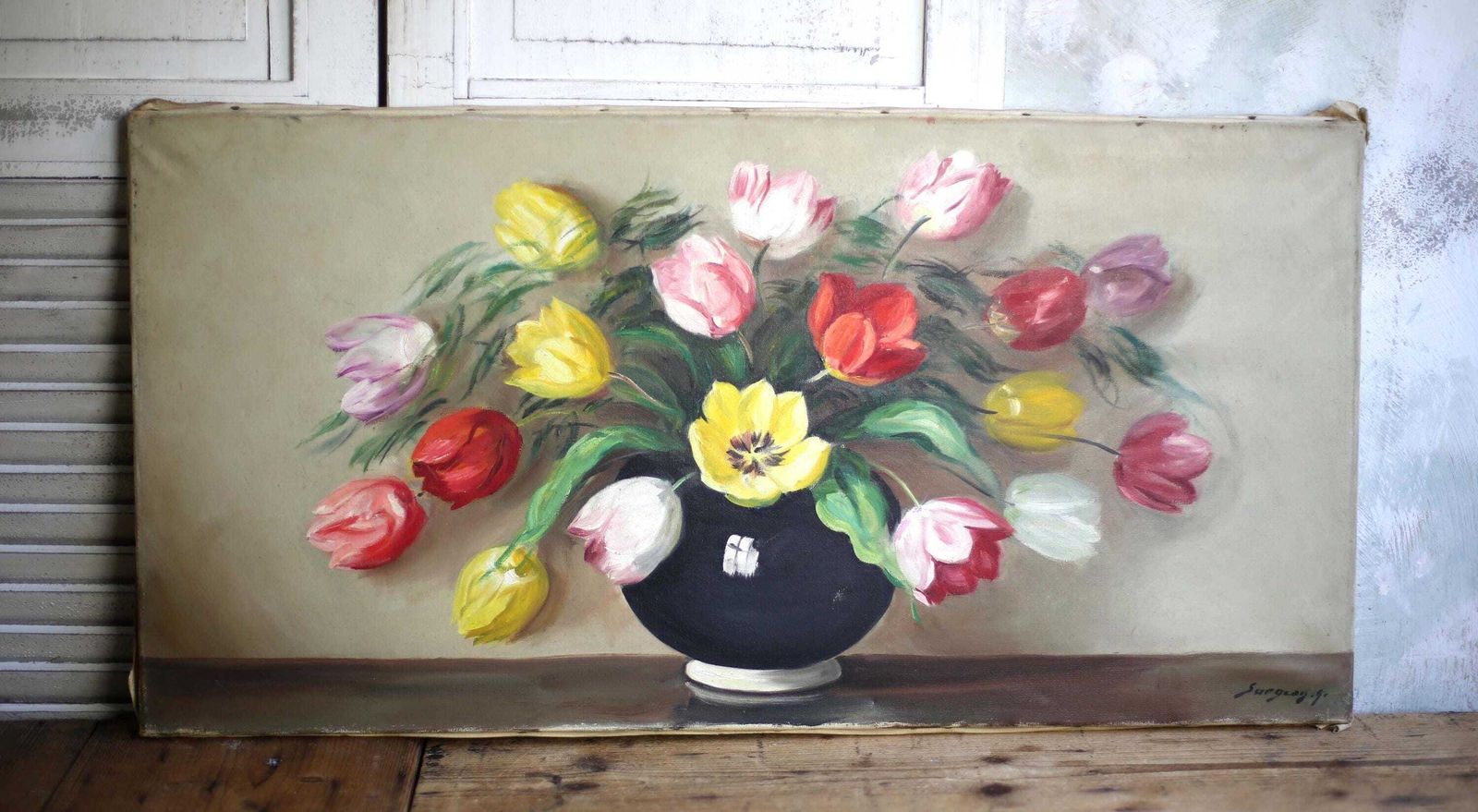 Large French Antique Oil Painting On Canvas Tulips Flowers Floral Still Life Signed A Surgeon photo furniture