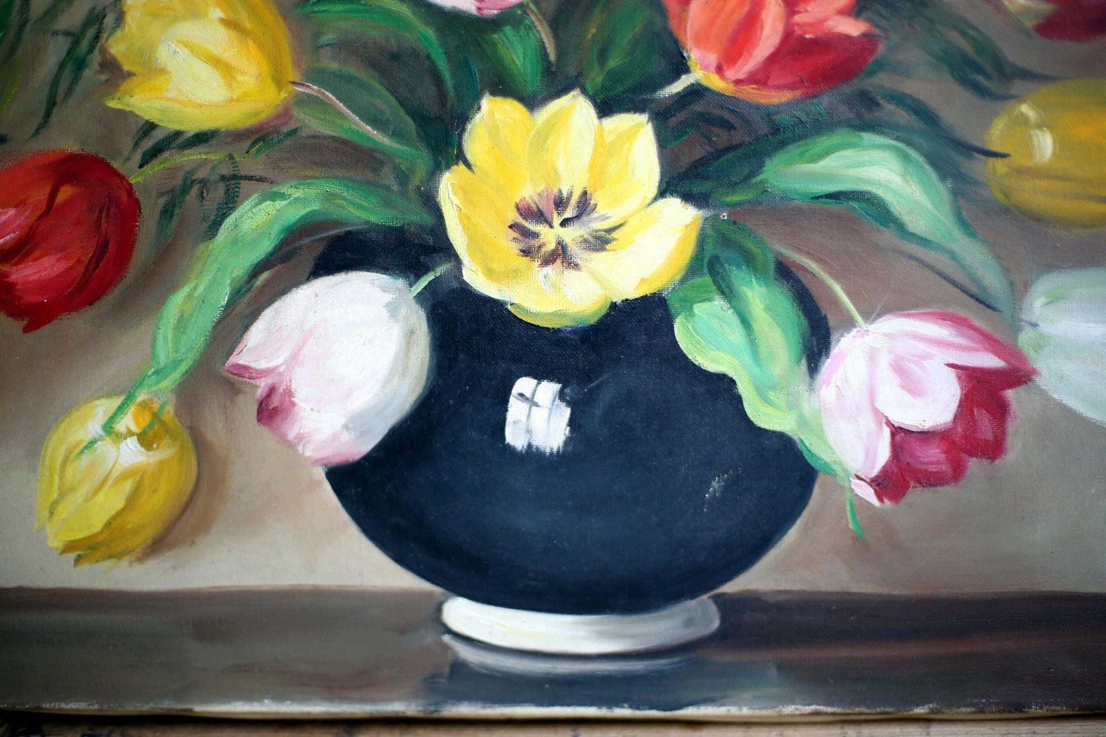 Large French Antique Oil Painting On Canvas Tulips Flowers Floral Still Life Signed A Surgeon photo vinterior