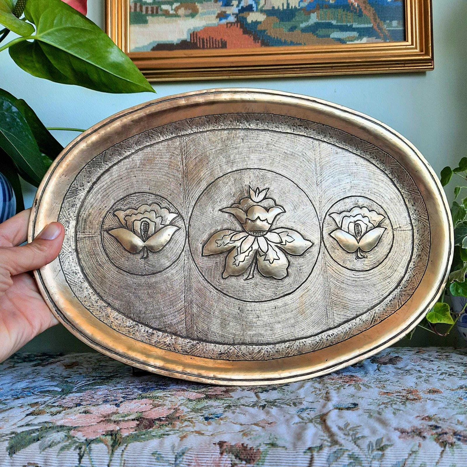 Antique Indian Hand Crafted Brass Decorative Tray With Embossed Lotus Flowers C Late 1800's.