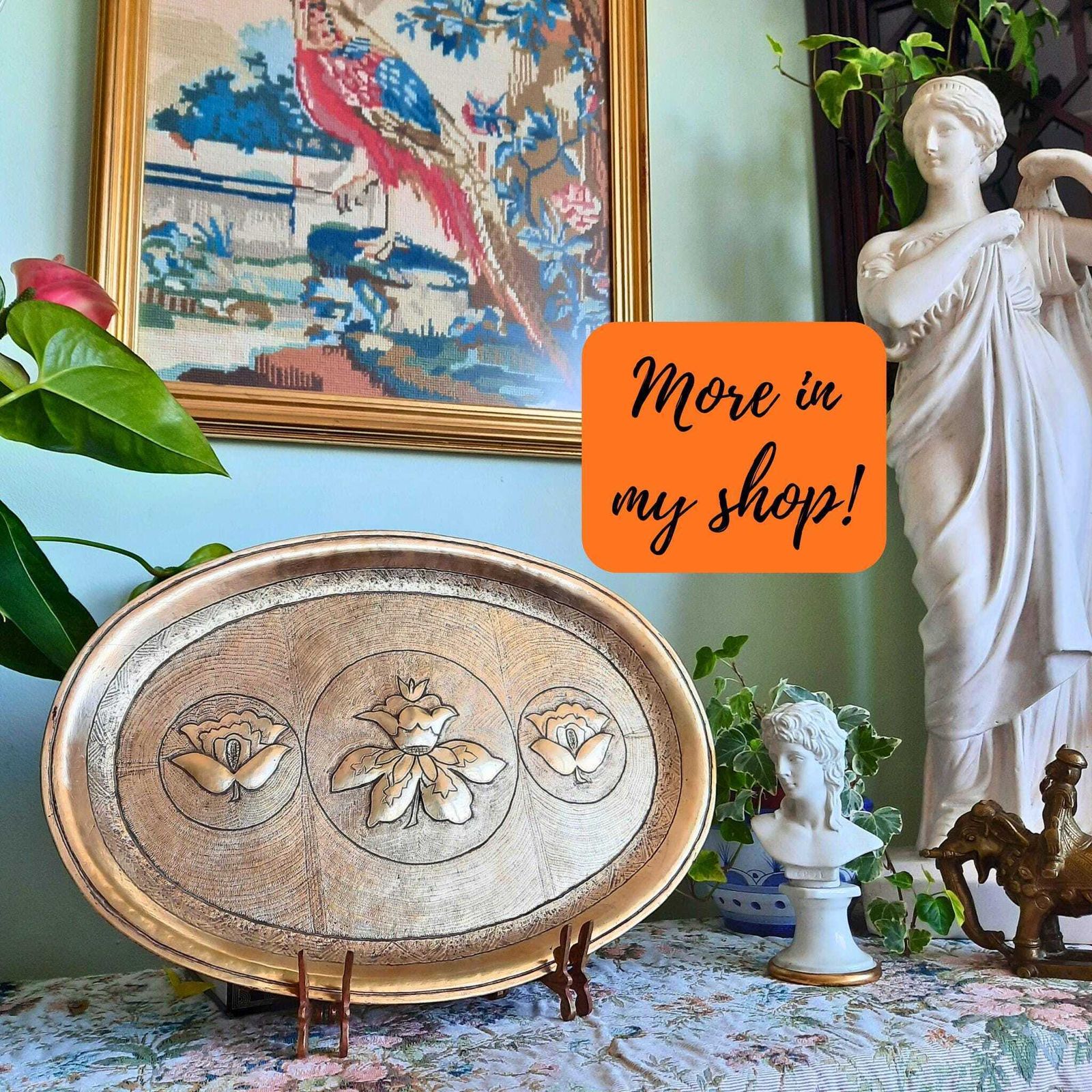 Antique Indian Hand Crafted Brass Decorative Tray With Embossed Lotus Flowers C Late 1800's. photo Home Decor