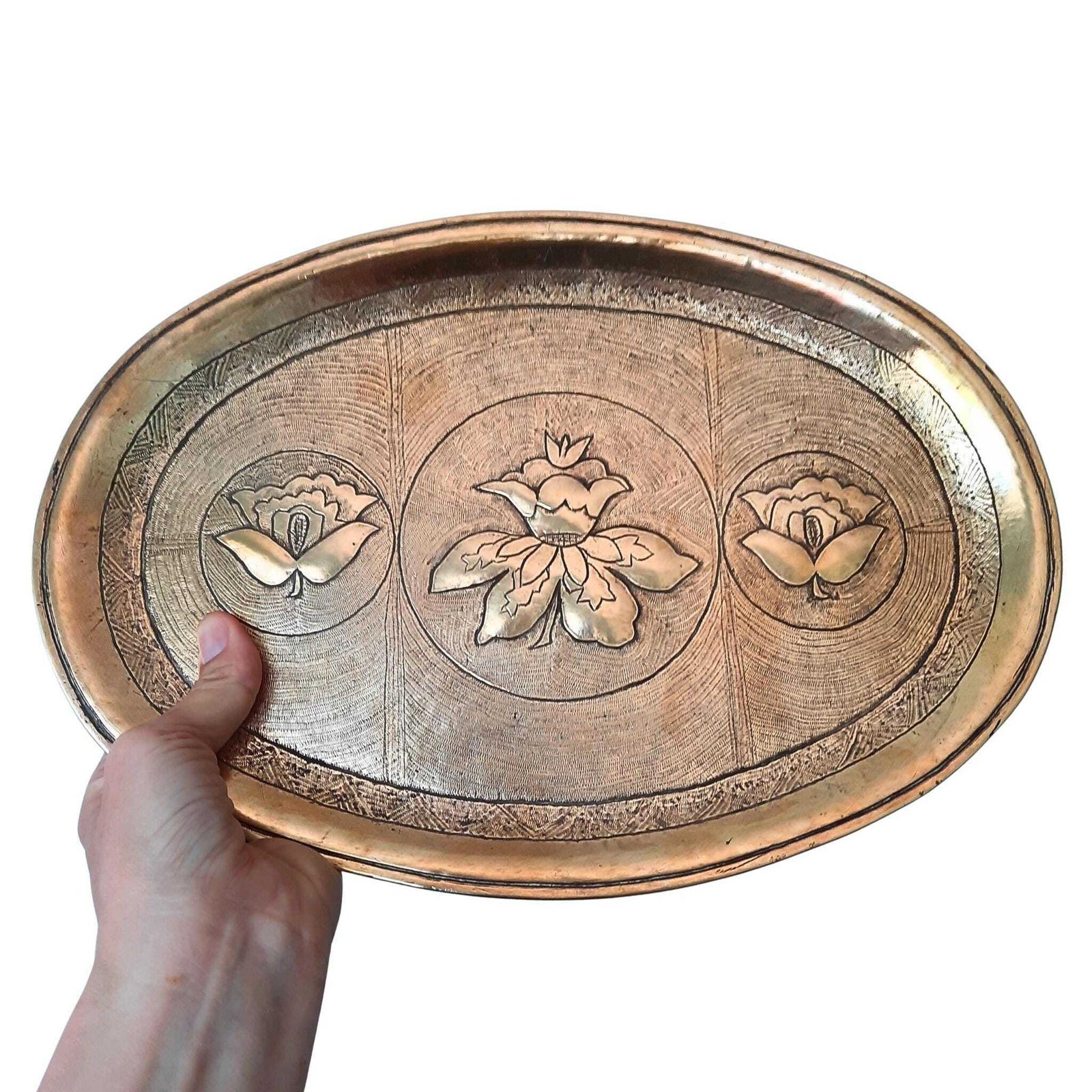 Antique Indian Hand Crafted Brass Decorative Tray With Embossed Lotus Flowers C Late 1800's. photo buy