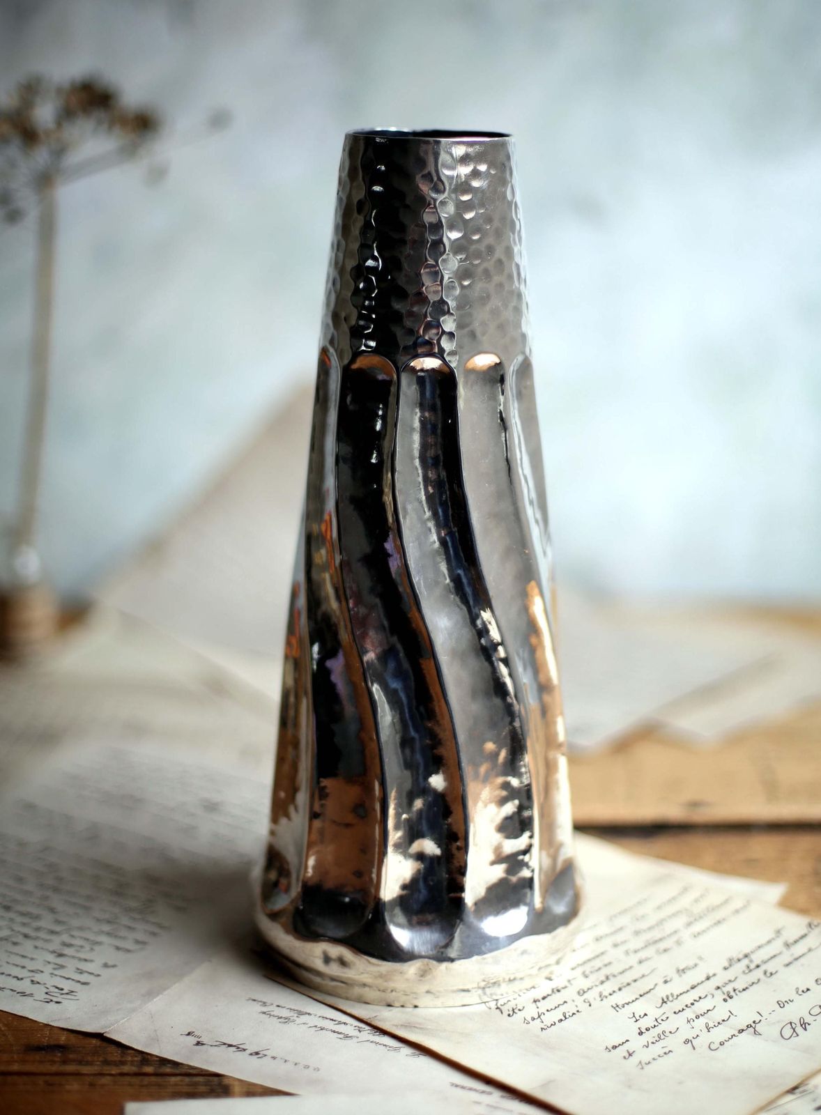 Vintage Twist Tapered Vase Hand Hammered Silver Metal photo furniture