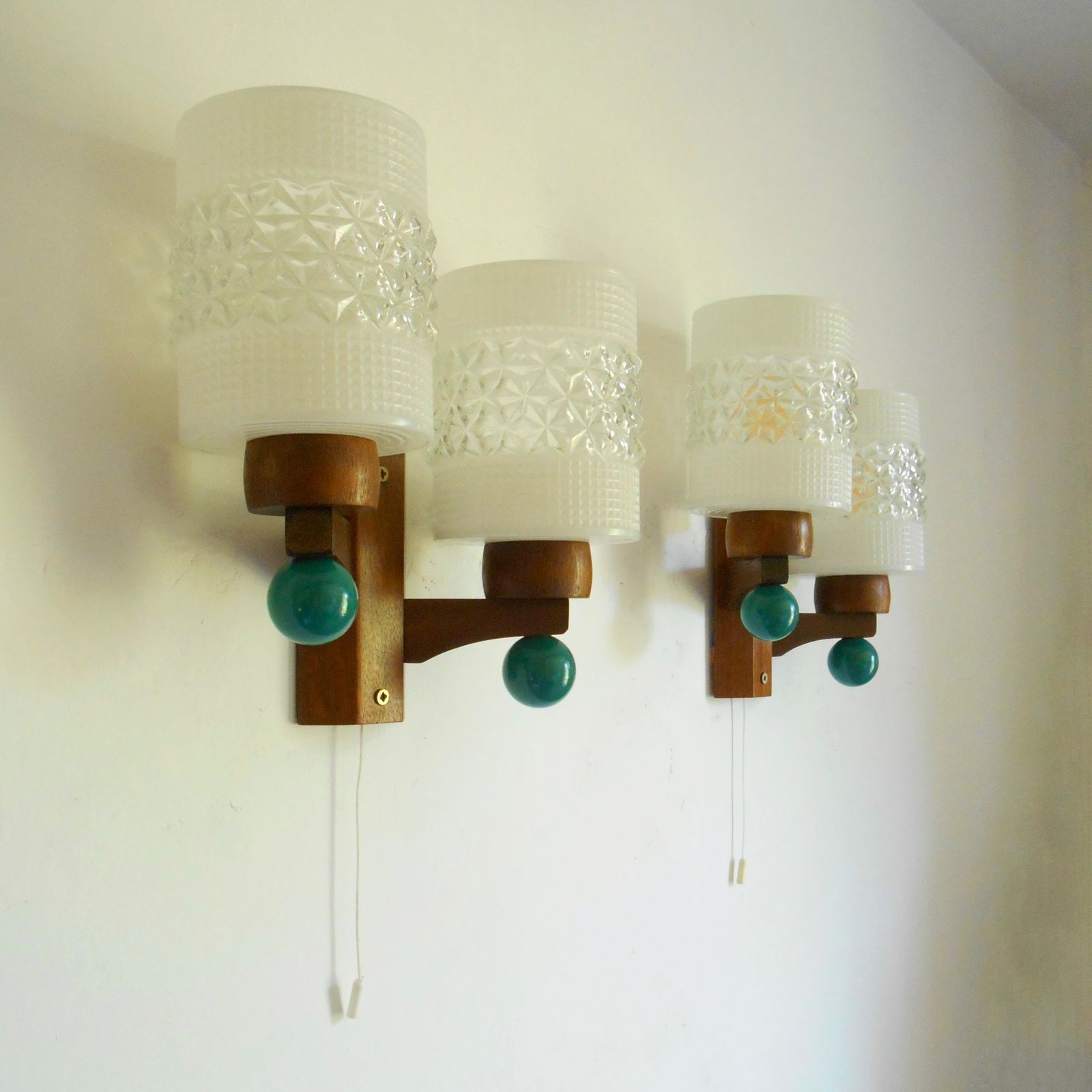 A Pair Of Mid Century Modern Dual Stem Teak Wall Lamps photo furniture