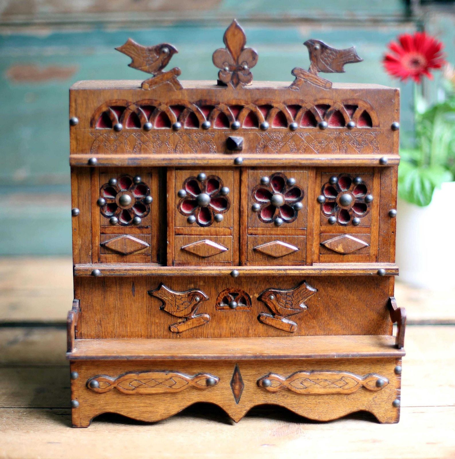 Antique Miniature Breton Bed Box Folk Art Small Carved Tramp Art Lit Clos