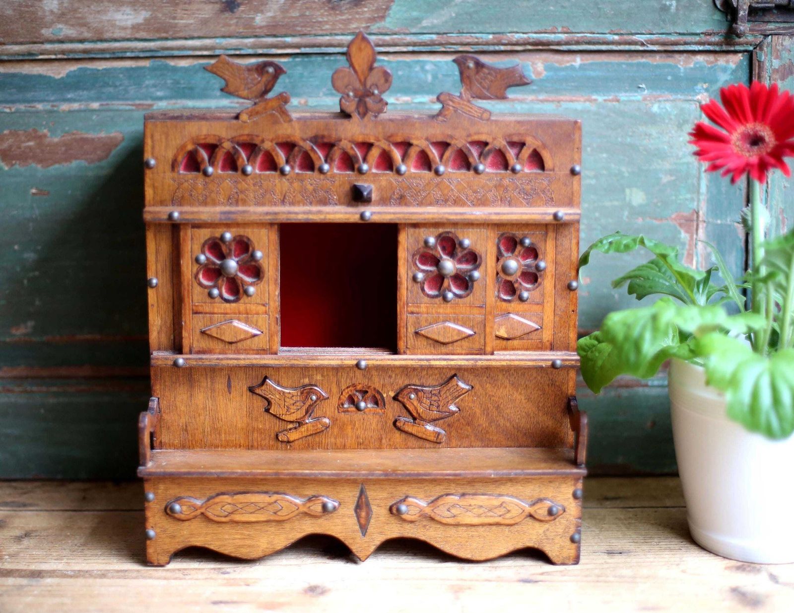 Antique Miniature Breton Bed Box Folk Art Small Carved Tramp Art Lit Clos photo for sale