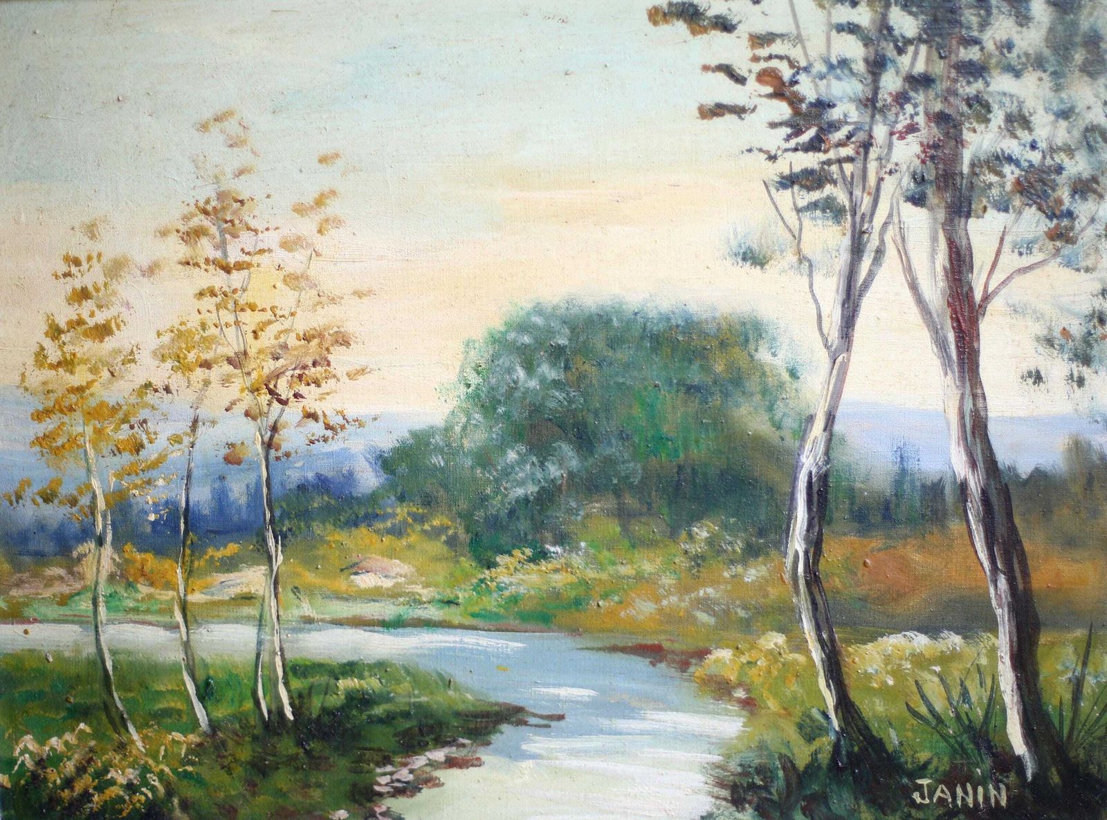 Antique Landscape Oil Painting Impressionist Impasto Framed River View French Framed Janin photo Art