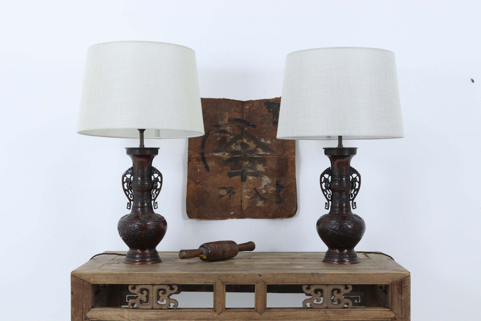 Japanese Bronze Meiji Period Vessel Table Lamps