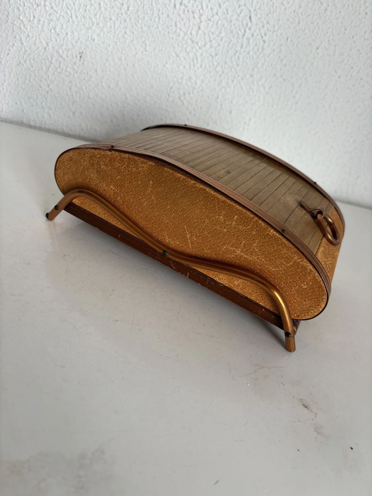 Vintage 1960s Cigarette Dispenser, Wooden And Copper Curtain Box   21 X 12 Cm photo vinterior