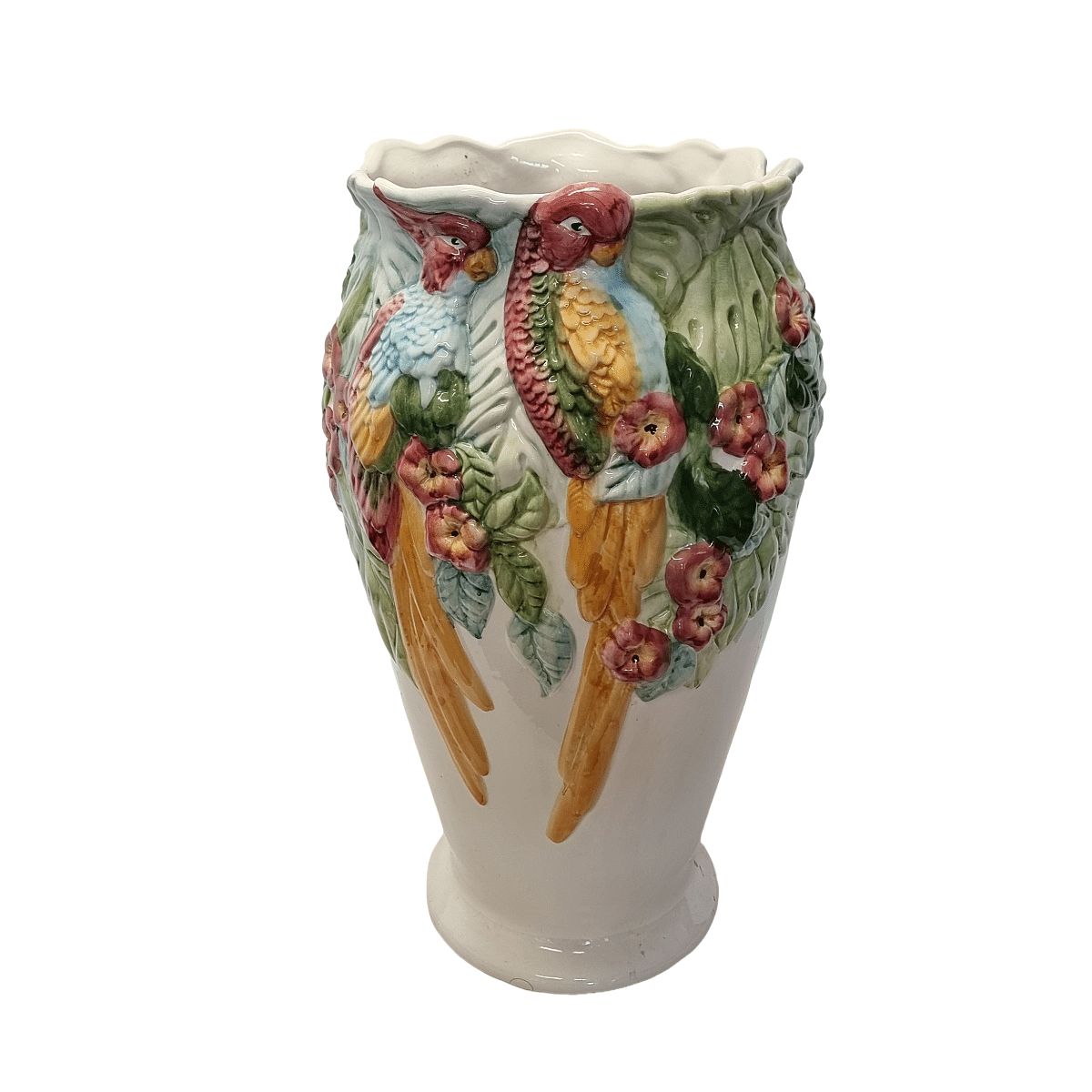 Vase en majolique portugaise aux perroquets, années 1960-1970 photo vintage