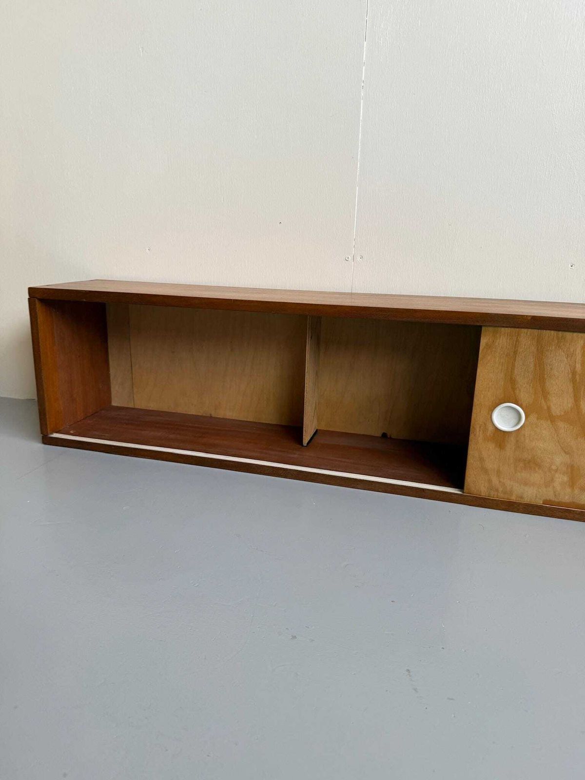 Handmade Mid Century Long Slim Cabinet Or Bookcase Wall Hung Ply Shelving. photo for sale