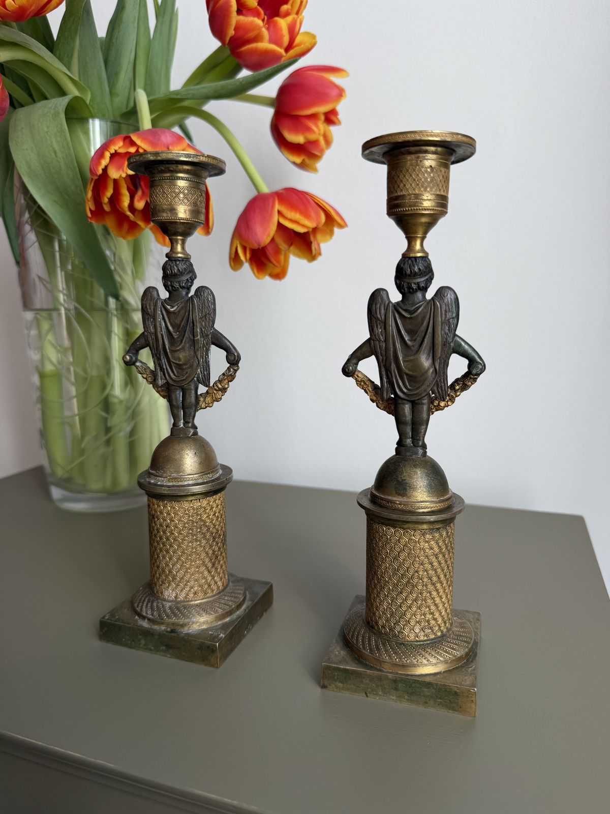 19th Century French Bronze & Ormolu Cherub Candle Holders photo Home Decor