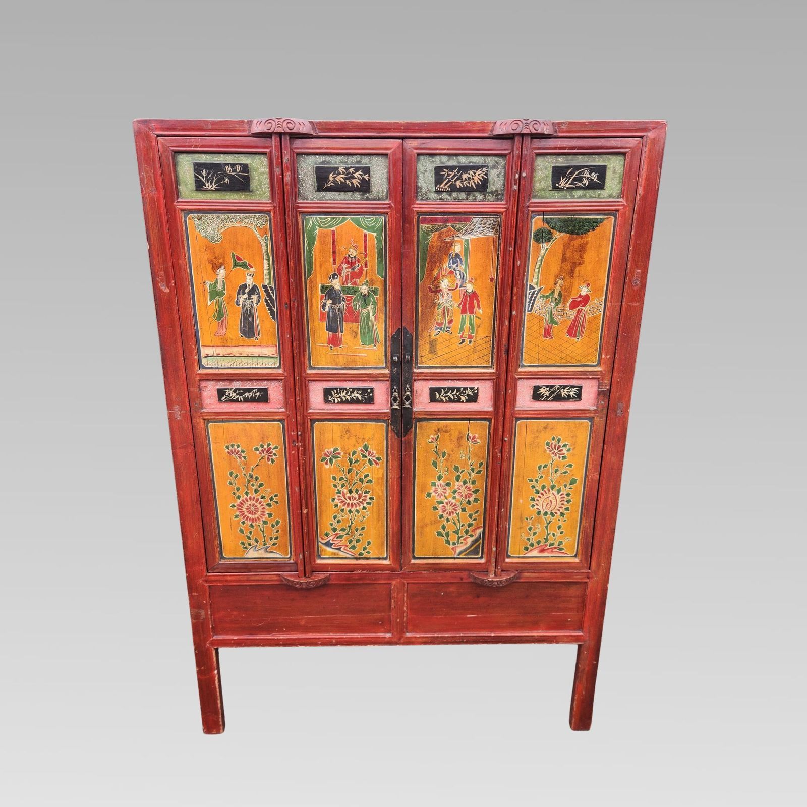 Exceptional Chinese Chinoiserie Oriental Red Marriage Cabinet photo furniture