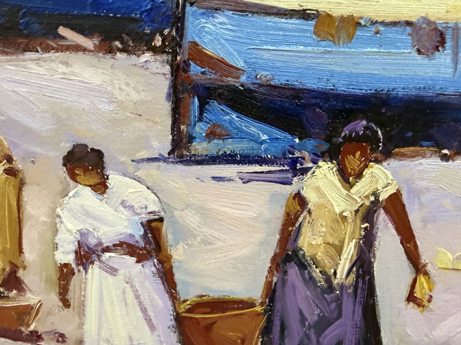 Juan Casellas Mediterranean Harbor Scene With Boats And Figures Spanish Oil Canvas Painting 1990s photo for sale