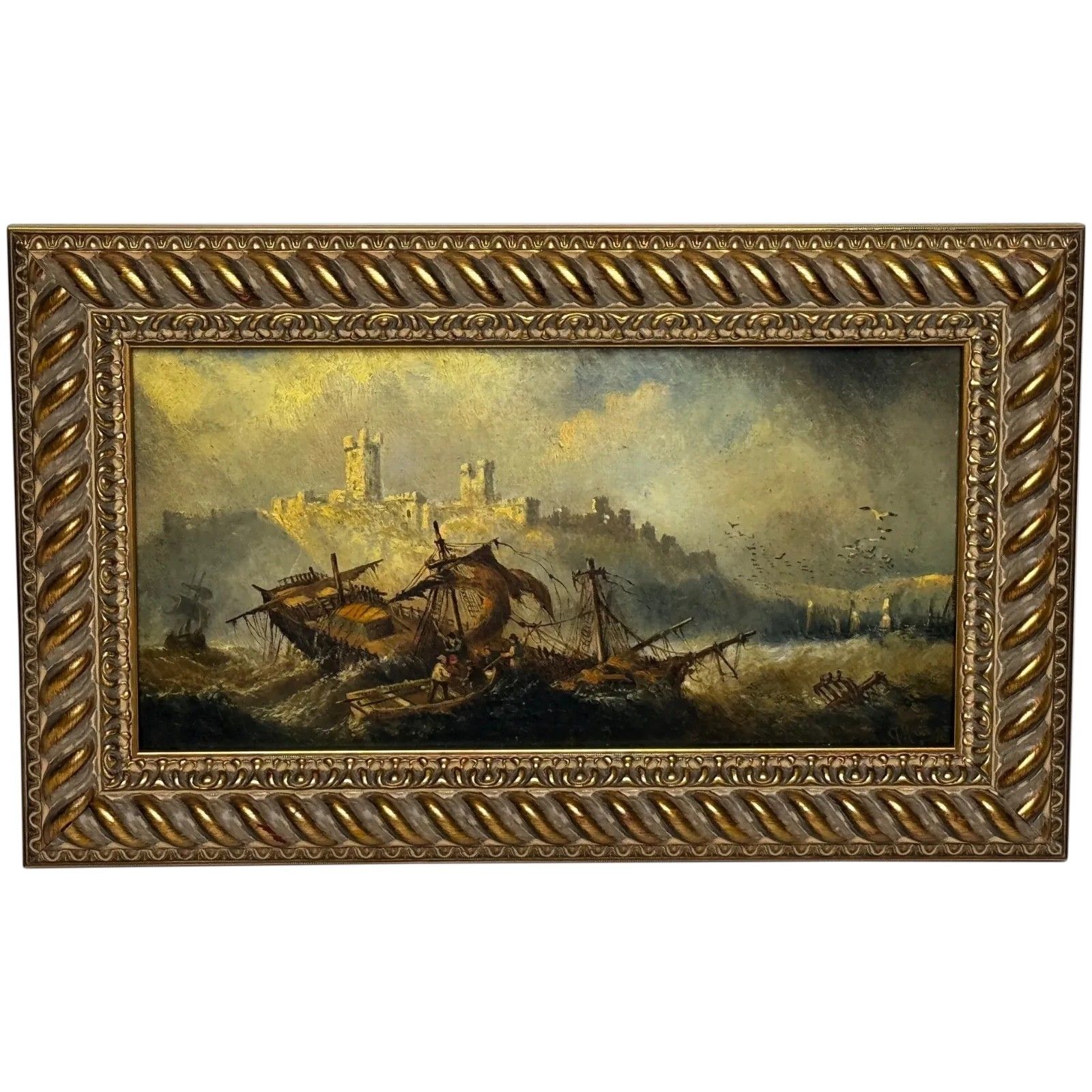 Marine Painting Wreck Off Dunstanburgh Castle Signed By Claude Thomas Stanfield Moore