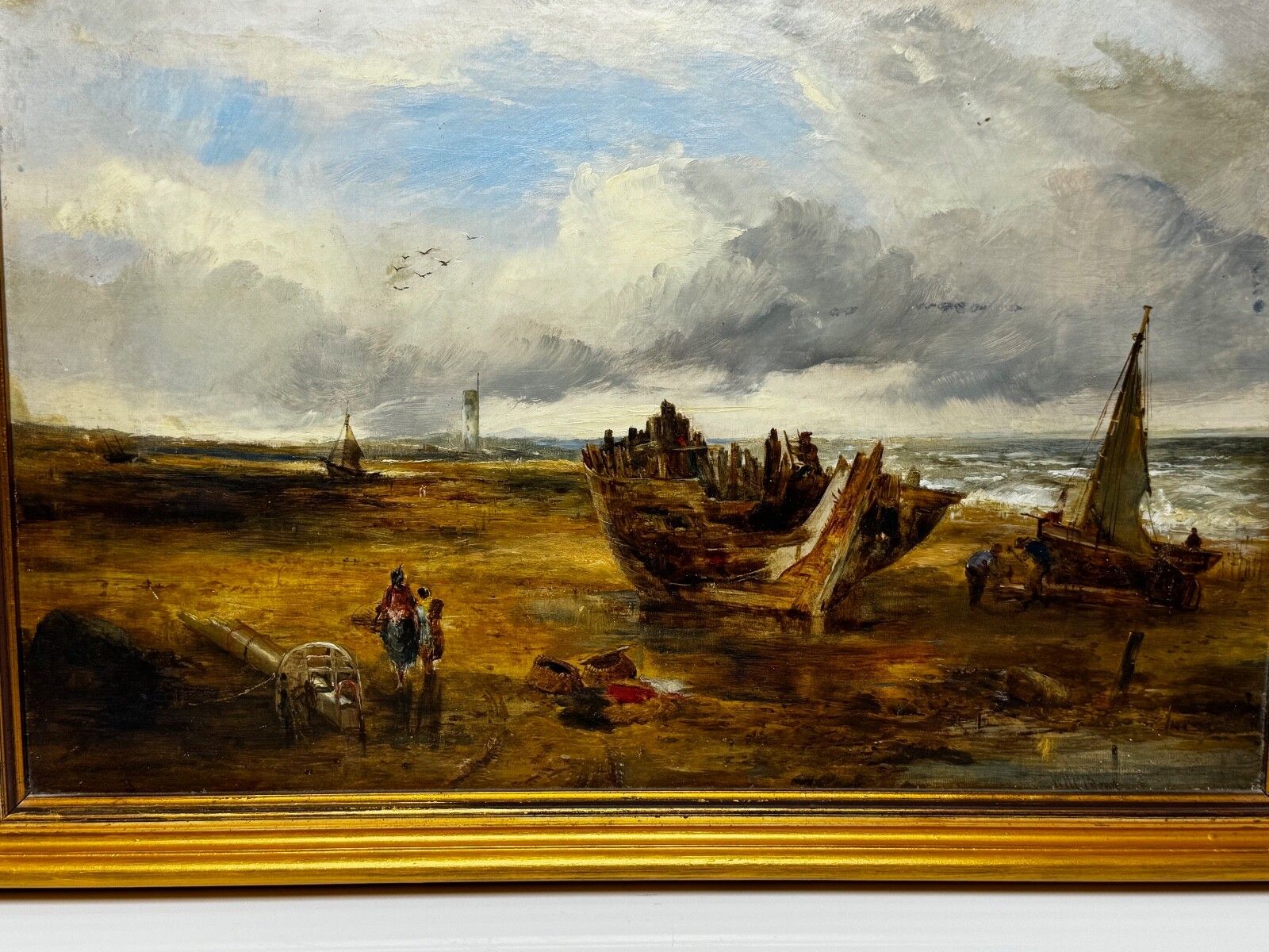 19th Century Oil Painting Ships Hulk Wreck Moreton Beach Wirral Historic Leasowe Lighthouse By William Joseph Julius Caesar Bond photo Art