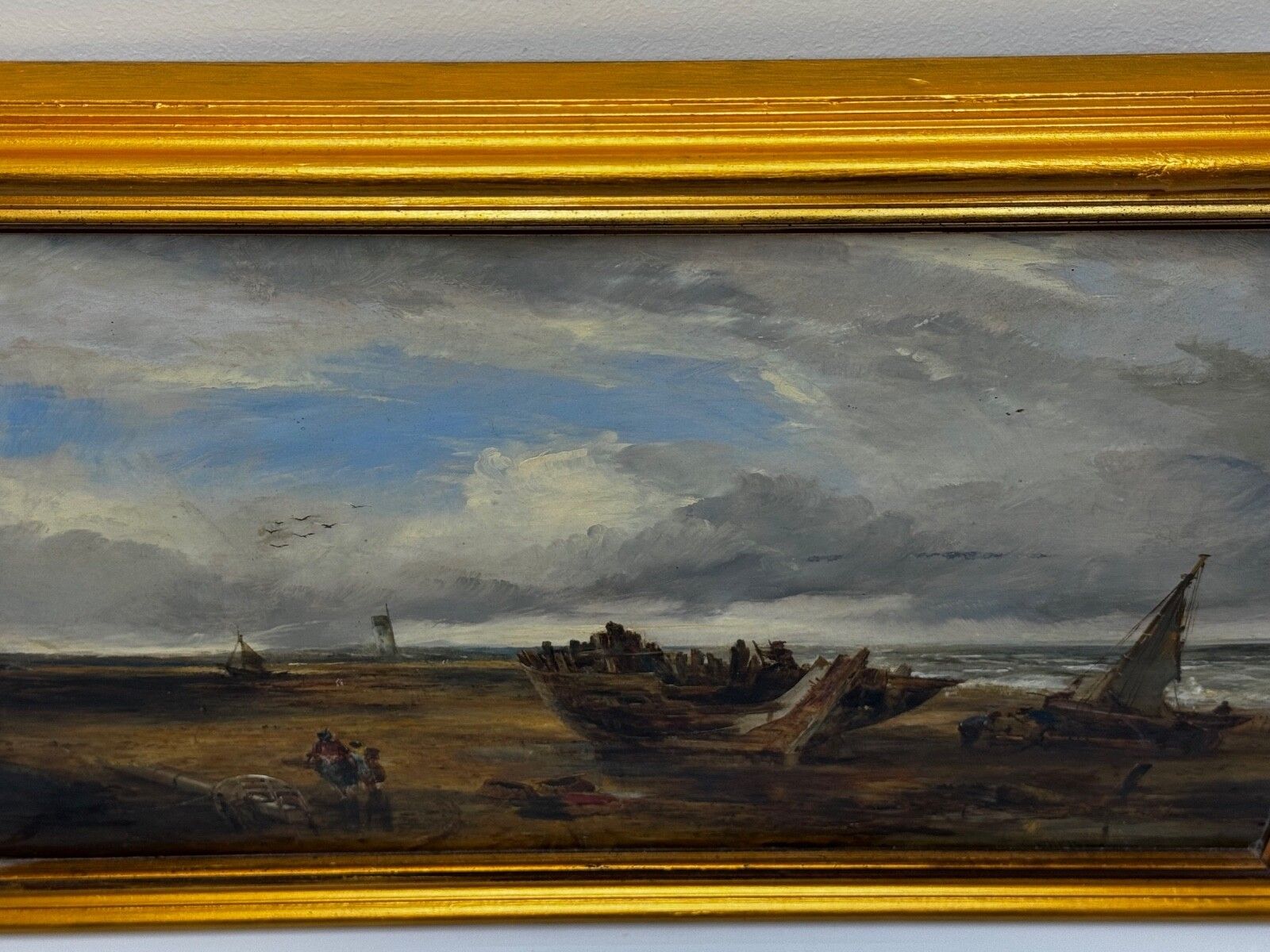 19th Century Oil Painting Ships Hulk Wreck Moreton Beach Wirral Historic Leasowe Lighthouse By William Joseph Julius Caesar Bond photo 8500.0
