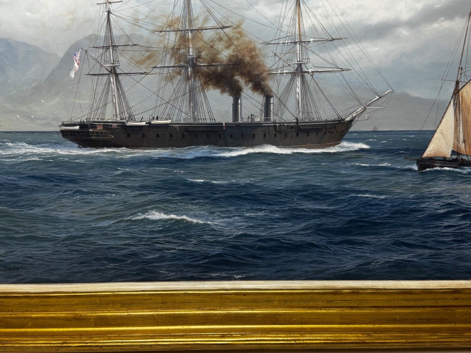 Large Marine Oil Painting Hms Warrior First Ironclad Ship Signed By John Steven Dews photo Art