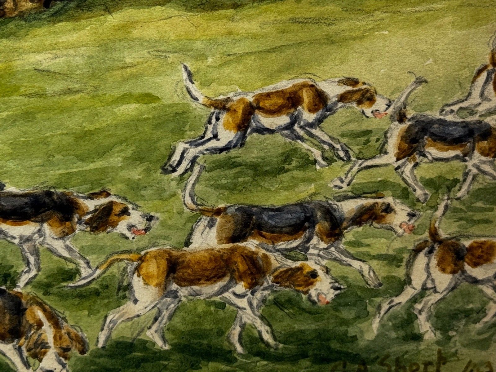 Mid Century Hunting Painting – The Badsworth Hunt On Foot, Easingwold C1943 Signed By George Anderson Short photo vinterior