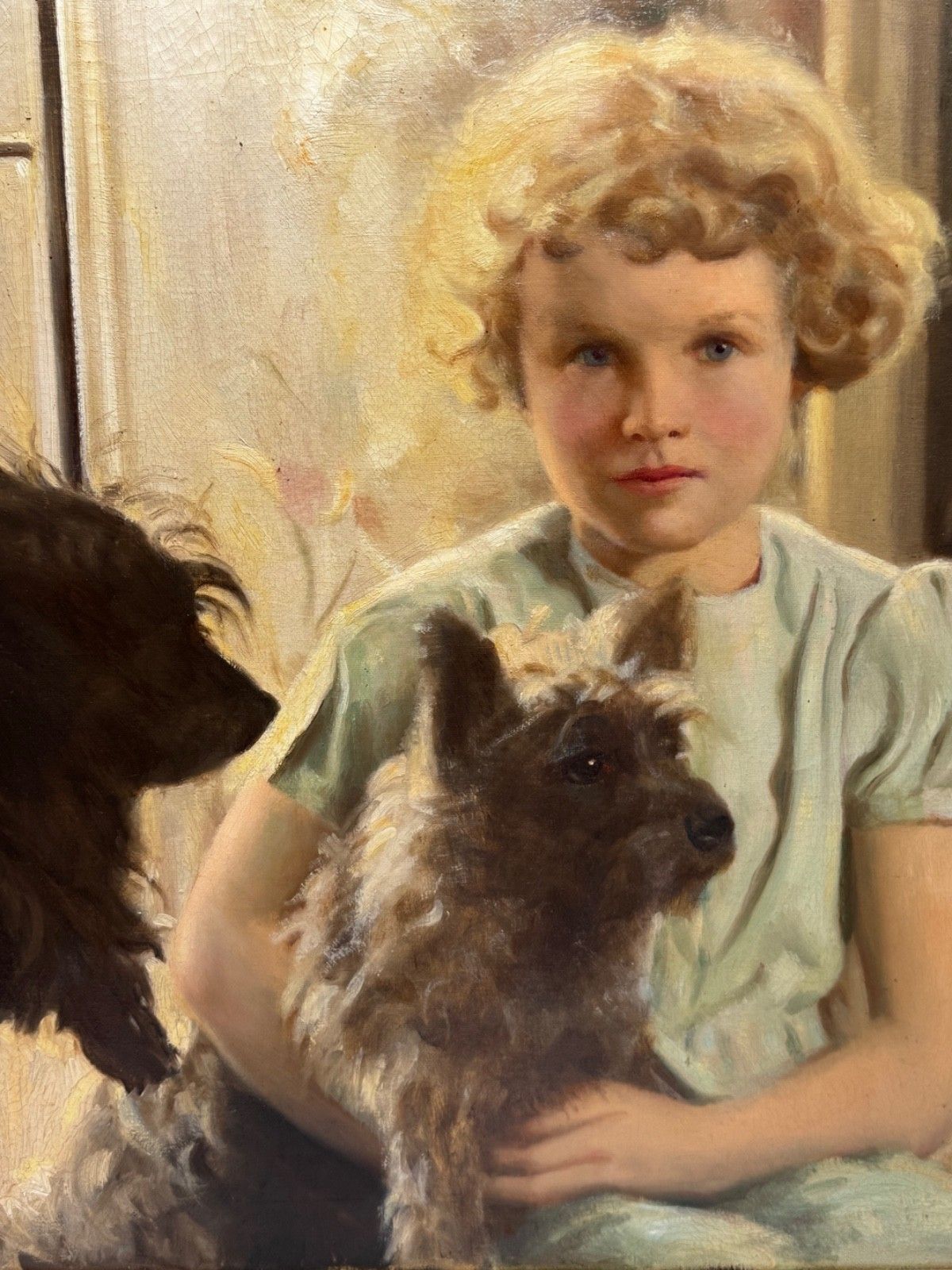 Mid-Century Olieverf Portret Mary met Cairn Terriers in de Stijl van Sir Harrington Mann photo furniture