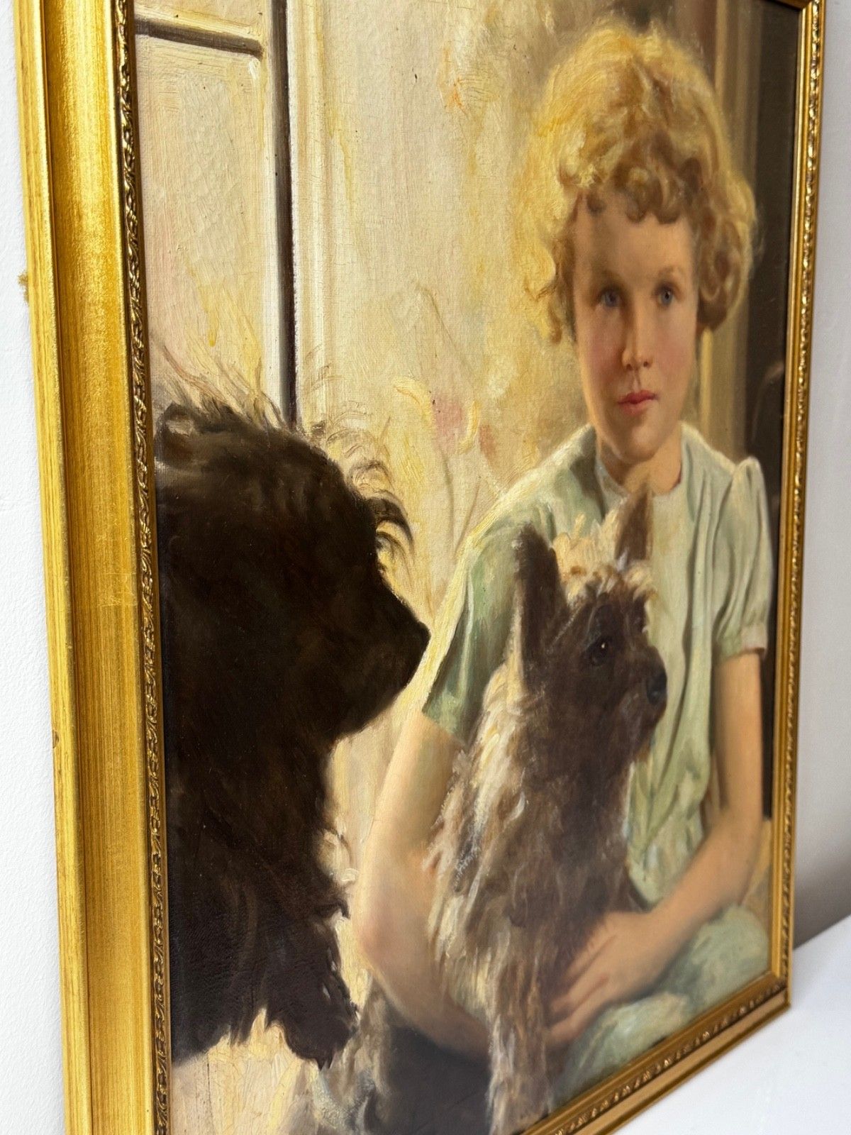 Mid-Century Olieverf Portret Mary met Cairn Terriers in de Stijl van Sir Harrington Mann photo Kunst