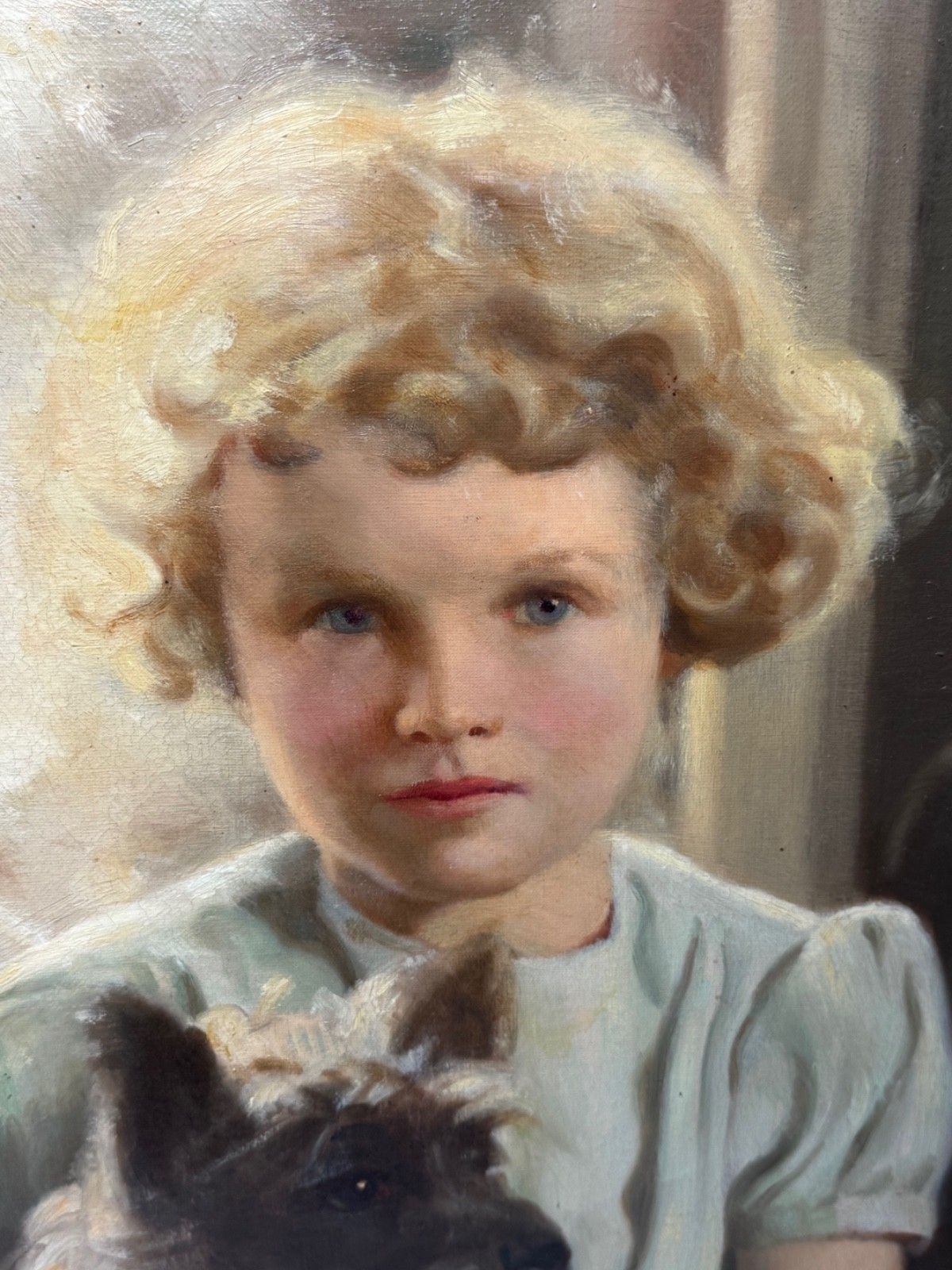 Mid-Century Olieverf Portret Mary met Cairn Terriers in de Stijl van Sir Harrington Mann photo vintage