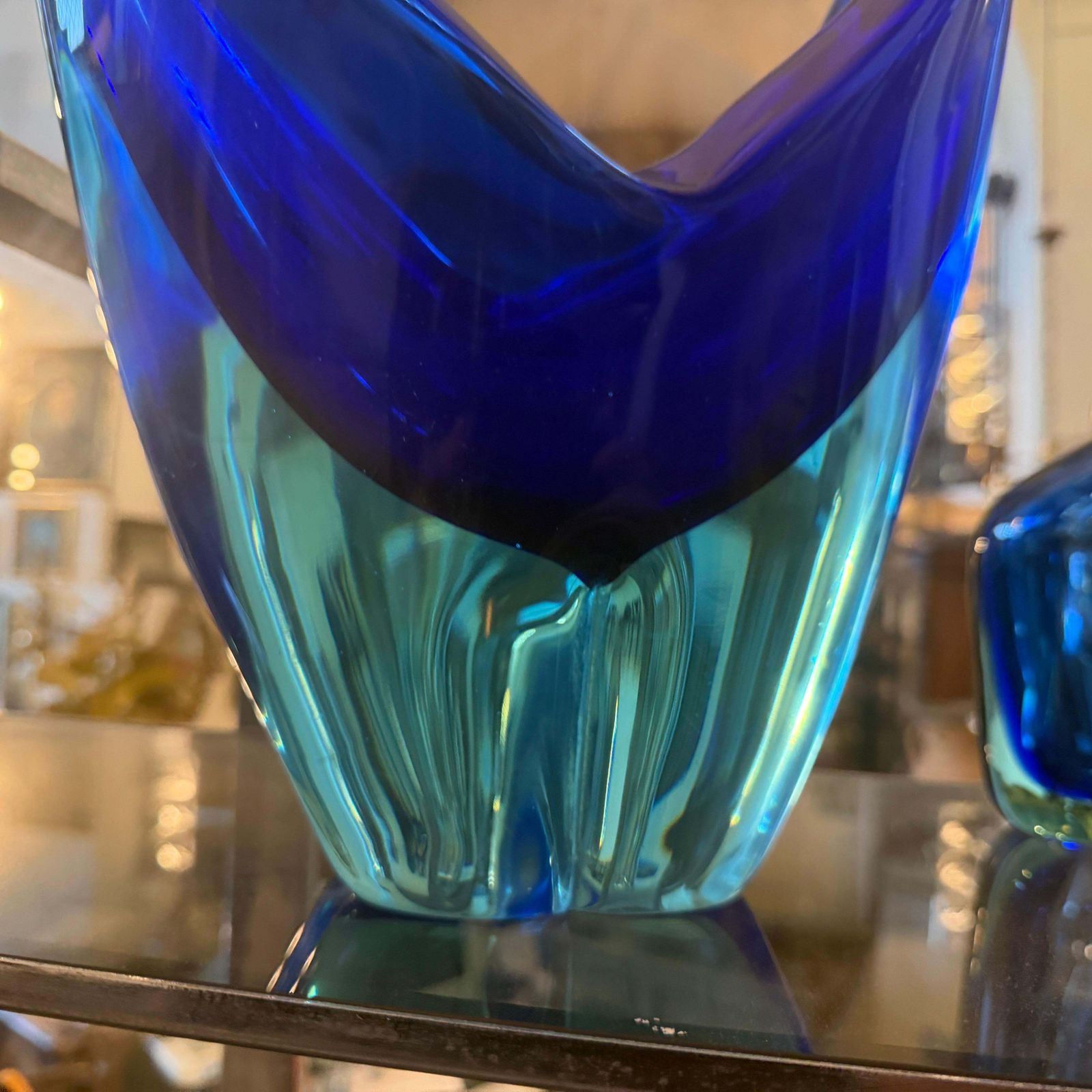 photo vintage 1960s Blue And Turquoise Heavy Murano Glass Huge Centerpiece By Flavio Poli