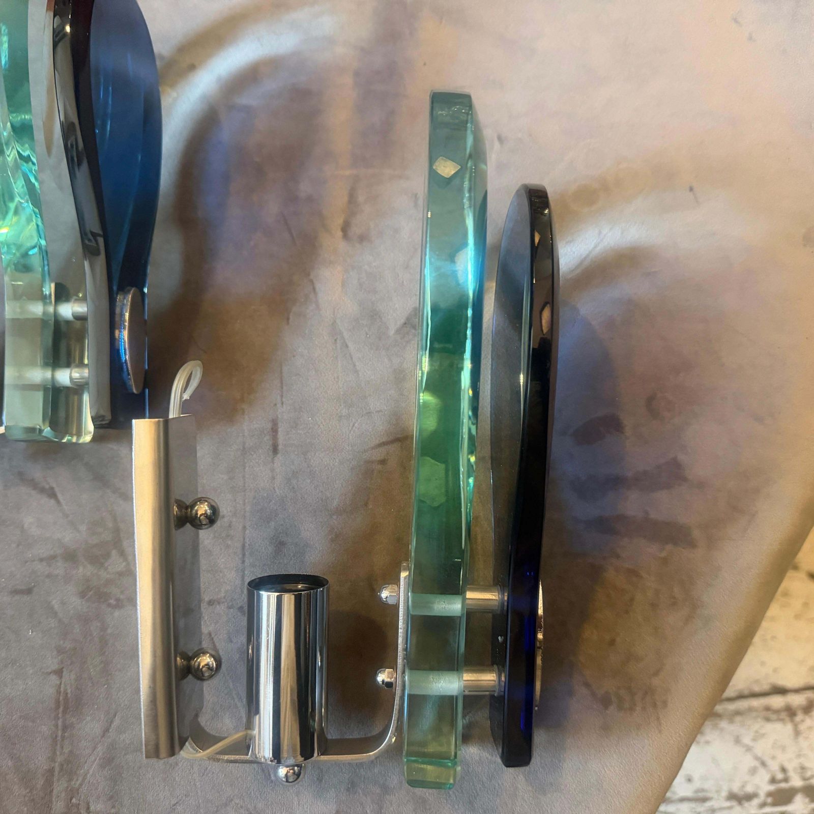 photo for sale Two 1960s. Space Age Steel And Blue And Verde Nilo Glass Wall Sconces By Veca