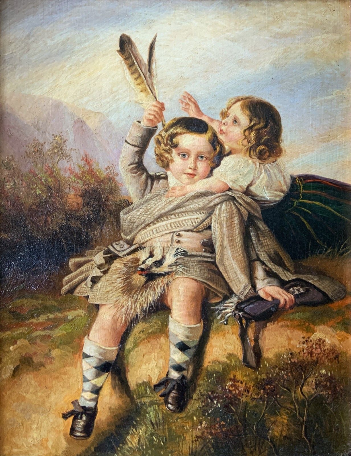 Oil Painting Of Royal Prince Alfred & Princess Helena Hunting In Scottish Dress photo furniture