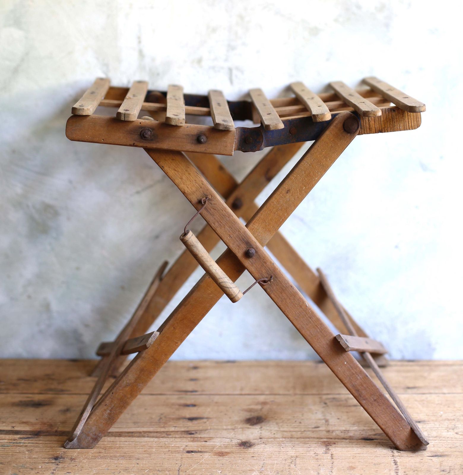 Folding Antique Camping Stool Wooden French Fishing Slatted Artists Seat Campaign Furniture