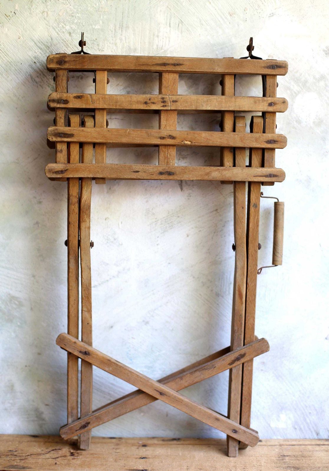 Folding Antique Camping Stool Wooden French Fishing Slatted Artists Seat Campaign Furniture photo vinterior