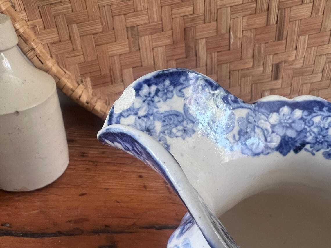 Antique Minton Genovese Blue And White Pitcher With Dog Handle Rare 19th Century Staffordshire Transferware Jug With Flaws English Farmhouse photo Home Decor