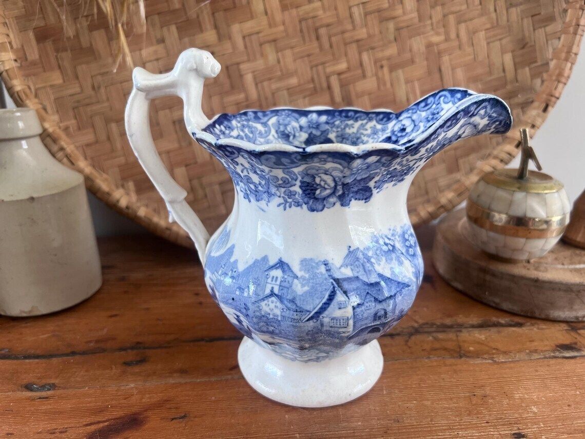 Antique Minton Genovese Blue And White Pitcher With Dog Handle Rare 19th Century Staffordshire Transferware Jug With Flaws English Farmhouse photo buy